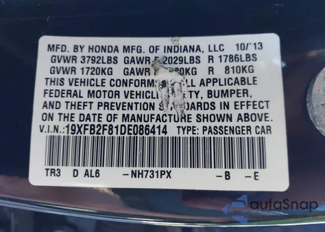 2013 Honda Civic from USA, damaged, VIN 19XFB2F81DE086414